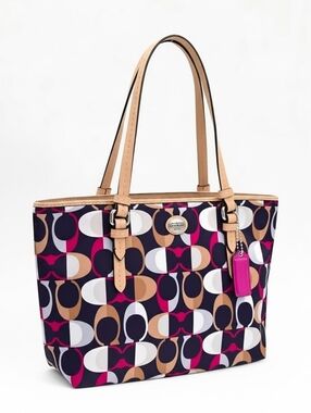 Coach Payton Multicolor Satin Leather Trim Tote Bag Pink Geometric Print
